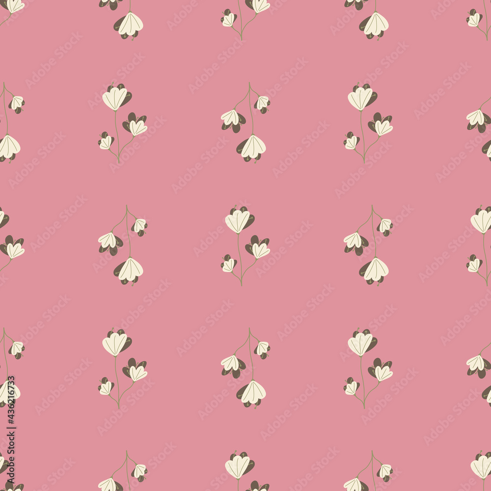 Hand drawn white naive flowers silhouettes seamless pattern. Pink background. Nature doodle print.