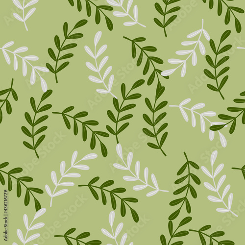 Abstract herbal floral seamless pattern with simple herbal twigs ornament. Green bbackground. Random print.