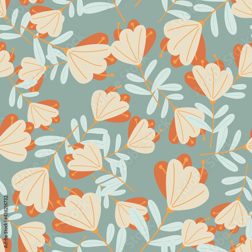 Summer decorative seamless pattern with random orange flowers elements. Blue background.