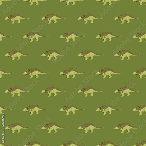 Scrapbook animal seamless pattern with ankylosaurs elements print. Green background. Decorative print.