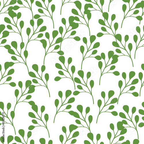 Isolated greenery tropic seamless pattern with doodle green white eucalyptus ornament. White background.