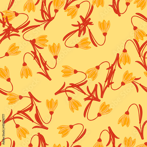 Red and orange colored bluebell ornament seamless pattern. Light yellow background. Doodle stylistic.