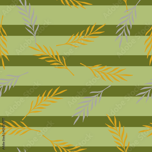 Fototapeta Naklejka Na Ścianę i Meble -  Botanic seamless pattern with doodle leaves branches shapes ornament. Green striped background.