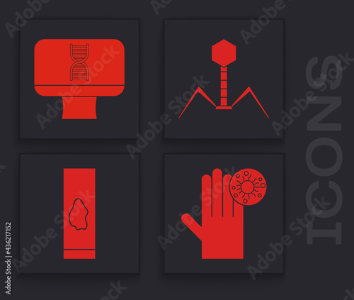 Set Hand with virus, DNA spiral and computer, Bacteria bacteriophage and Blood test and virus icon. Vector