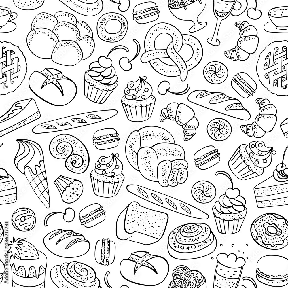 Bakery and pastry seamless pattern. Food doodles on white background. Vector illustration.