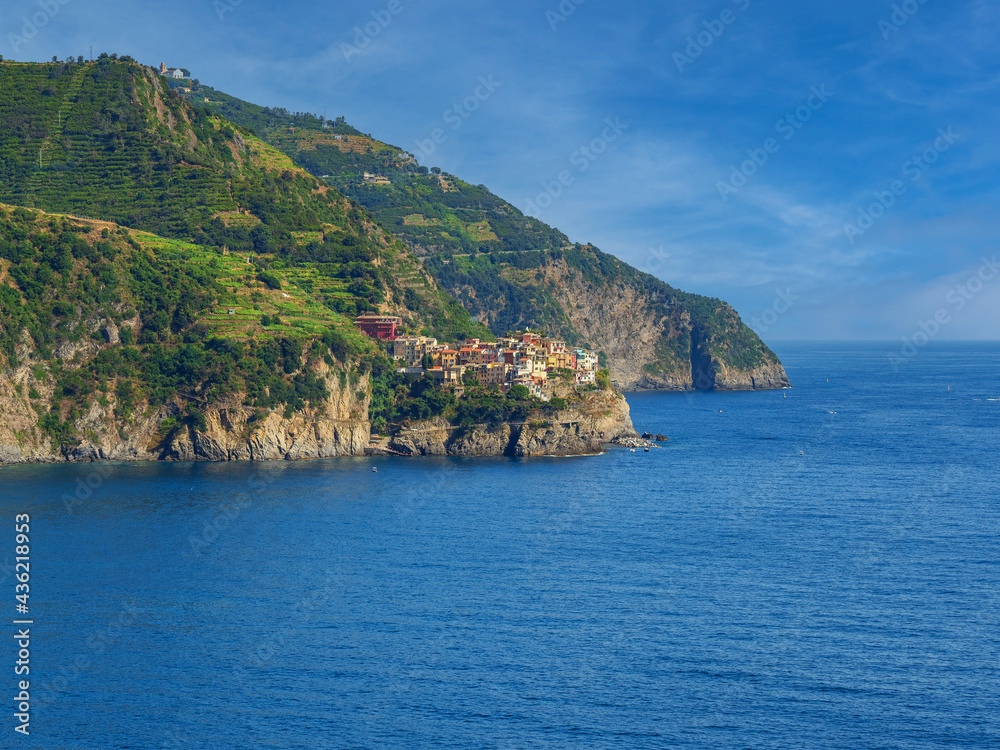 City on cliff rock on sea and gulf in Cinque Terre National Park in Italy in city.