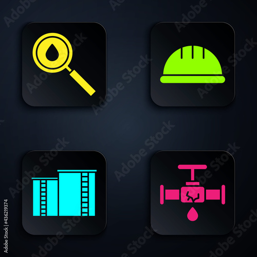 Set Broken pipe with leaking water, Oil drop, Oil industrial factory building and Worker safety helmet. Black square button. Vector