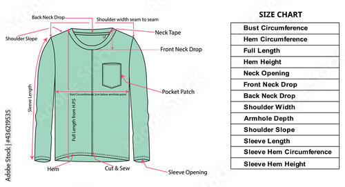 T-Shirt Line sketch and measurement chart. Description points of t-shirt measurement.