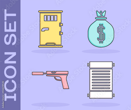 Set Decree, paper, parchment, scroll, Prison cell door, Pistol or gun with silencer and Money bag icon. Vector
