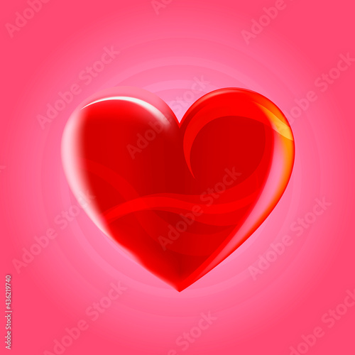 Valentines day love beautiful heart. Pink background. Isolated. Icon heart. Realistic red love symbol. Vector illustration.