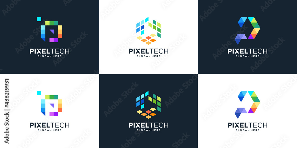 Set of abstract letter p with pixel tech concept logo design
