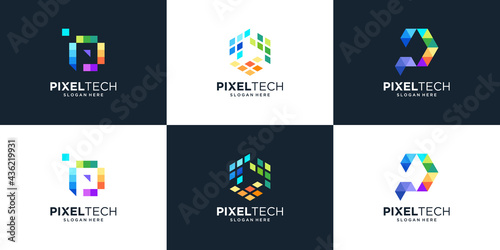 Set of abstract letter p with pixel tech concept logo design