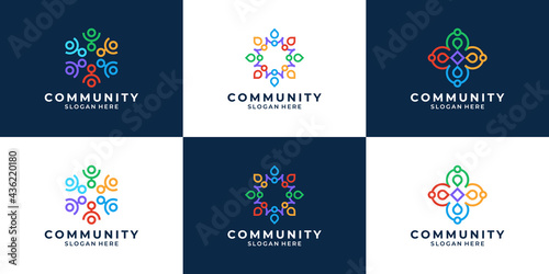 Set of abstract people together family unity logo. Colorful symbol for team work, community, group, etc.