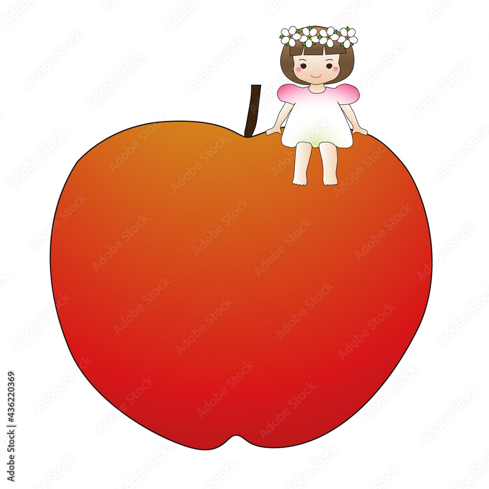 赤いリンゴの実に乗ったリンゴの妖精