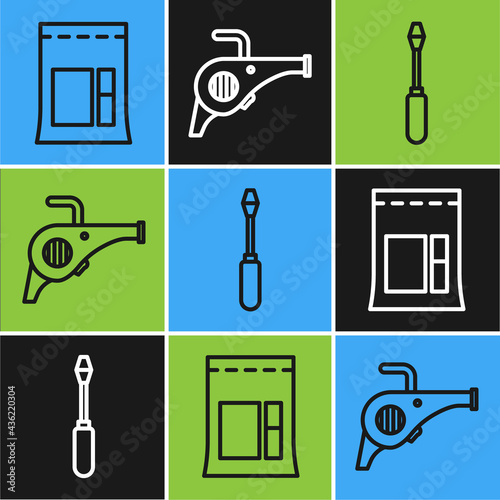 Set line Cement bag, Screwdriver and Leaf garden blower icon. Vector