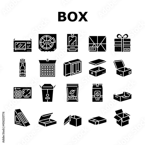 Box Carton Container Collection Icons Set Vector. Sushi Delivering And Pizza, Box For Tea And Coffee, Mobile Phone And Tv Plazma Glyph Pictograms Black Illustrations