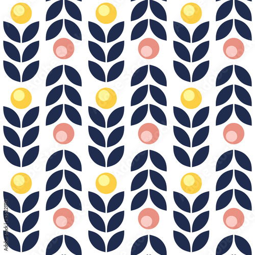 Seamless abstract Nordic style flowers pattern with yellow and pink blooming flowers white background