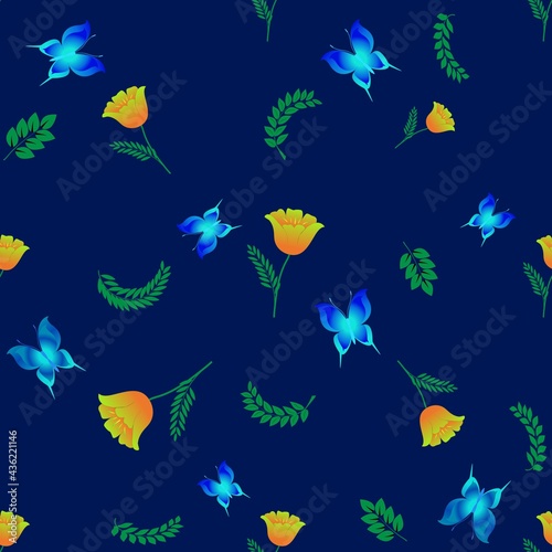 Summer romantic pattern with butterflies on blue