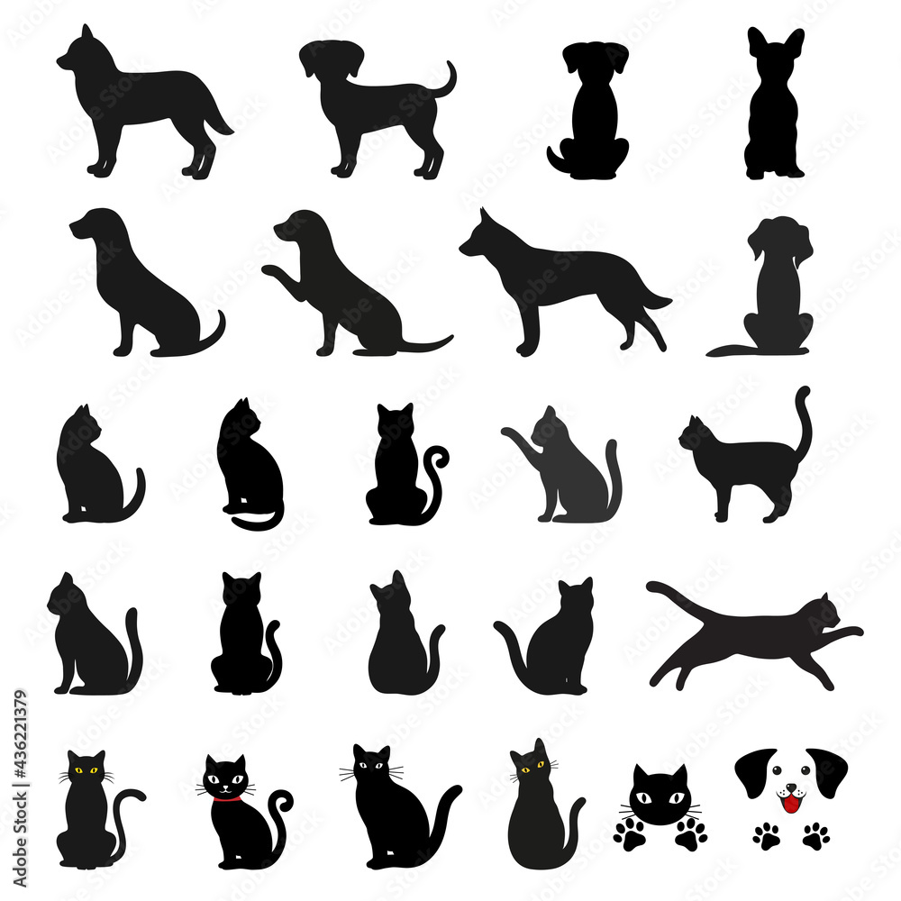 illustration set of silhouettes of dog and cat