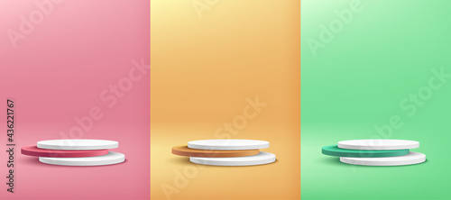 Set of white, green, yellow, pink round cylinder pedestal podium display on empty room background. Abstract modern vector rendering 3d shape for cosmetic products presentation. Pastel minimal scene.