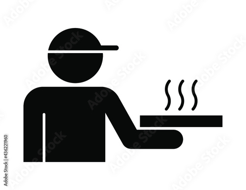 Pizza delivery man handing icon, Food order and delivery service, Pictogram flat design, Vector illustration