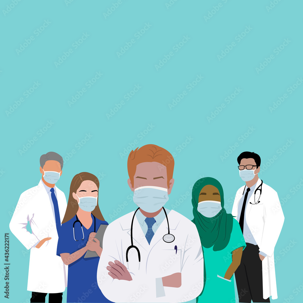 International doctor and nurse team are standing wearing in uniform and mask with stethoscope on green background. Happy Doctor`s Day Who are hero and work hardest  Fight against covid-19 viruses