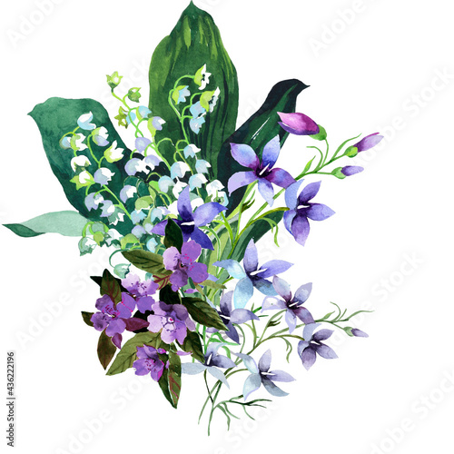 White lily of the valley and violet flowers bouquet watercolor isolated on white background illustration for all prints. Hand painted. photo