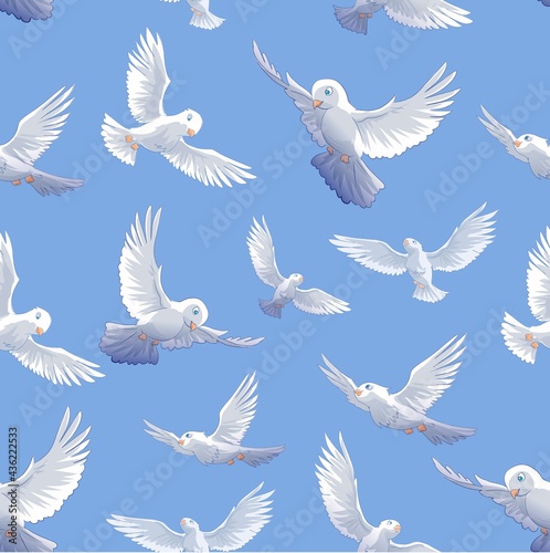 Beautiful seamless pattern. Valentines day card with pigeons on blue sky background. Flock of birds. Vector illustration.
