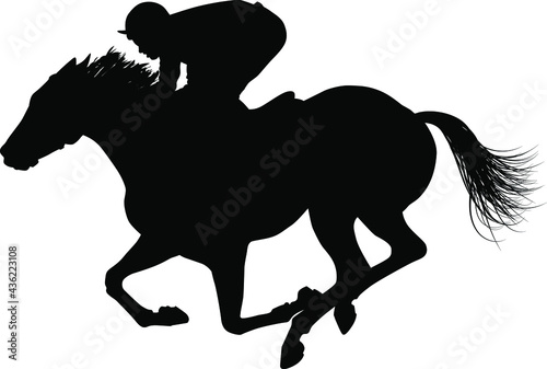 Black silhouette of a jockey galloping a horsevector illustration photo