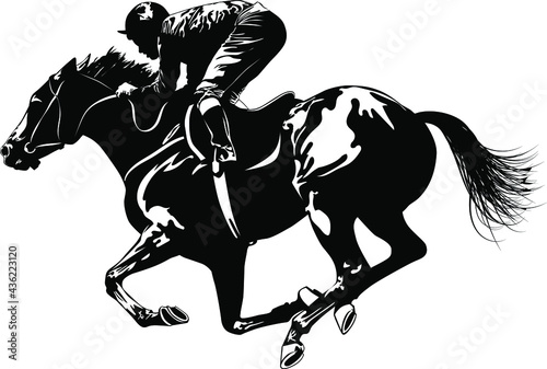Fotografia Black and white image of a jockey galloping a horse vector illustration