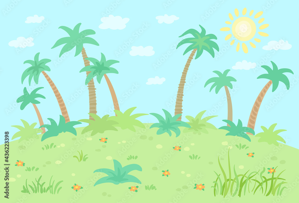 Summer landscape with big palms, bushes, grass, flowers, sun, and clouds. In cartoon style. Vector flat illustration.