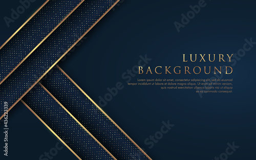 Abstract geometric overlapping on dark navy blue background with glitter and golden lines glowing dots golden combinations. Luxury and elegant design. Vector illustration