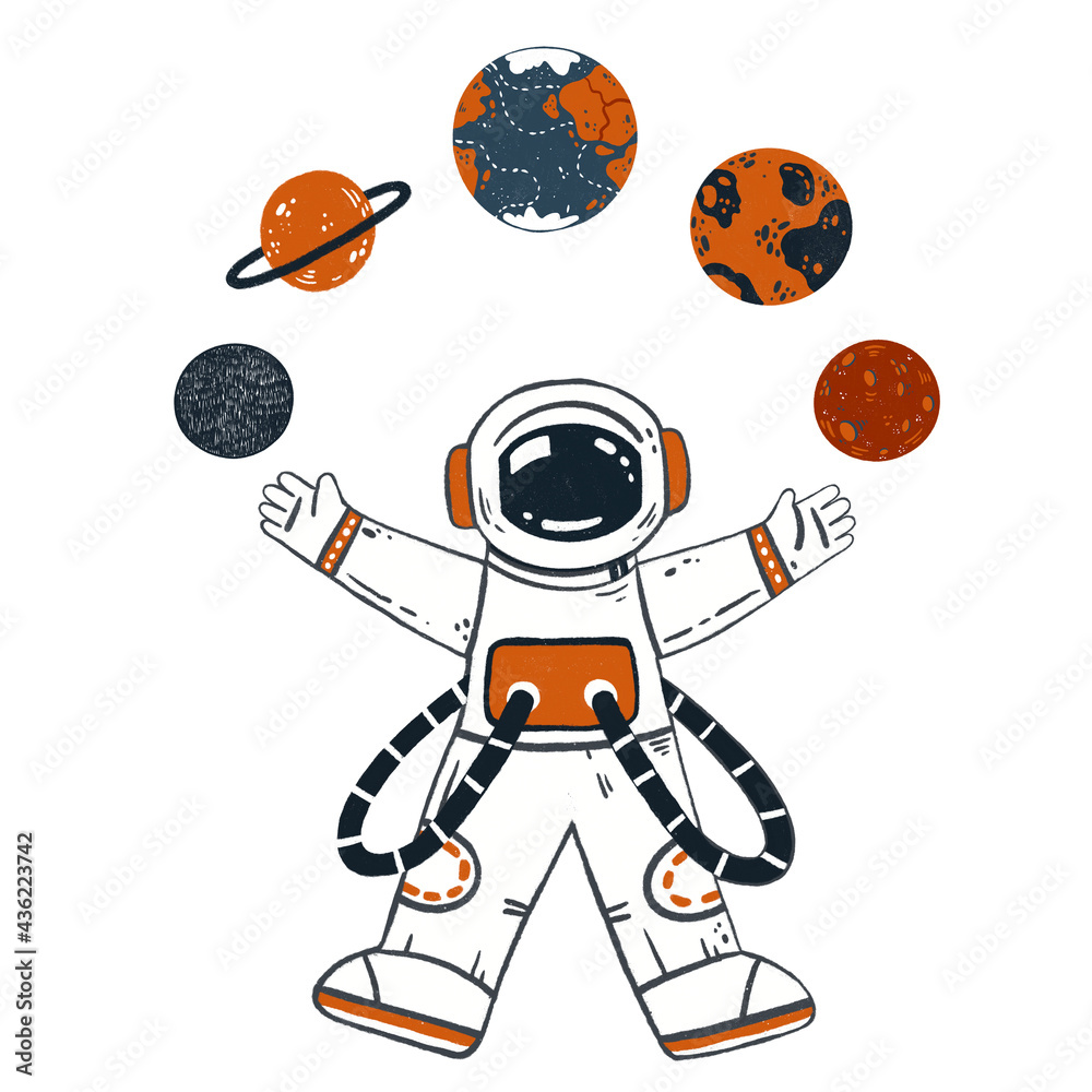 Astronaut illustration. Fantasy flat isolated character. Cartoon style of illustration. Cosmic explorer. Sun system planet. Person at spacesuit. Astronomy sketch. Symbol of future. Cosmos concept.