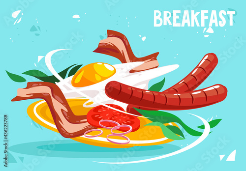 Vector illustration of a breakfast of scrambled eggs with sausages, bacon slices and tomato and onion vegetables in the air