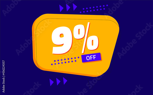 nine percent discount. purple banner with orange floating balloon for promotions and offers.