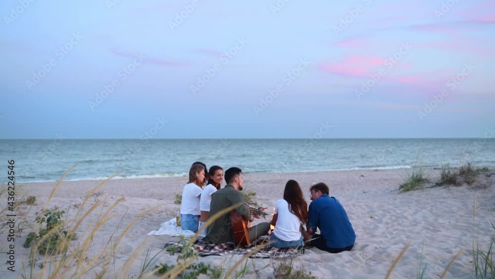 Friends sit around bonfire, drink beer, sing to guitar, fry sausages on sandy beach. Young mixed race group of men and women with beverage singalong, bearded guy playing guitar on party in the dusk. Friends sit around bonfire, drink beer, sing to guitar, fry sausages on sandy beach. Young mixed race group of men and women with beverage singalong, bearded guy playing guitar on party in the dusk.