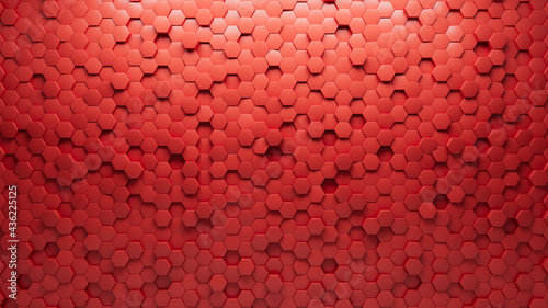 3D, Futuristic Wall background with tiles. Polished, tile Wallpaper with Hexagonal, Red blocks. 3D Render