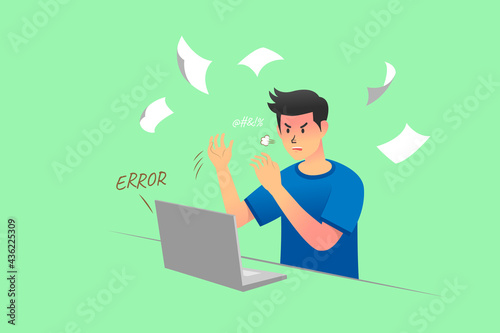 Young depressed frustrated stressful businessman angry throwing papers in air. Business, mental stress, anger, fury, freelance concept. Burning deadline critical error illustration.