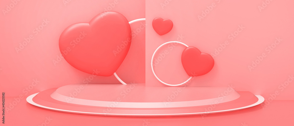 Valentine's day Background and Red Heart Shape with Podium and greeting card concept. Women's day , Mother's, birthday greeting card design - 3d rendering
