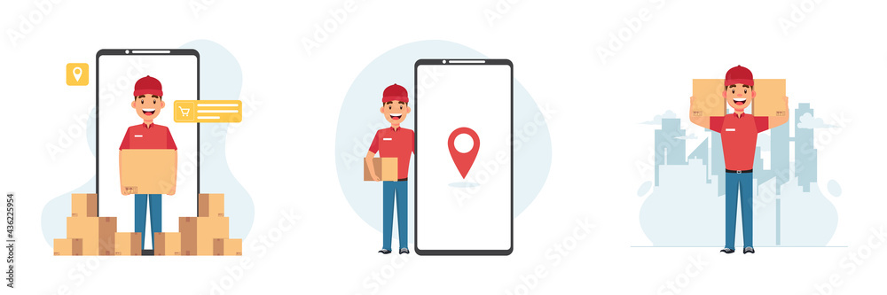 Delivery man. Service boy, courier package. Male character in mobile phone. Employee holding box. Postal guys vector set