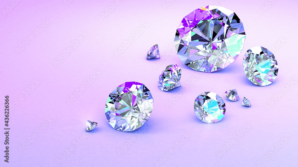 3D rendering. Diamonds on a light purple background. Jewelry. Luxury items. Highlights and soft toning of the image. 3D illustration. 3D rendering. Diamonds on a light purple background. Jewelry. Luxury items. Highlights and soft toning of the image. 3D illustration.
