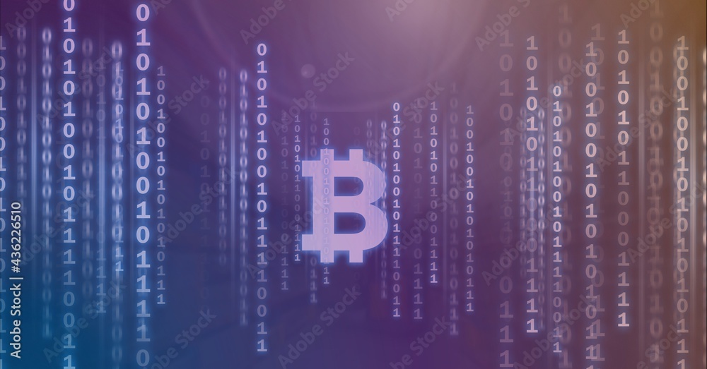 Composition of bitcoin symbol and binary coding processing on purple background