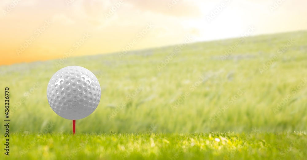 Composition of golf ball in grass on red tee and copy space Composition of golf ball in grass on red tee and copy space