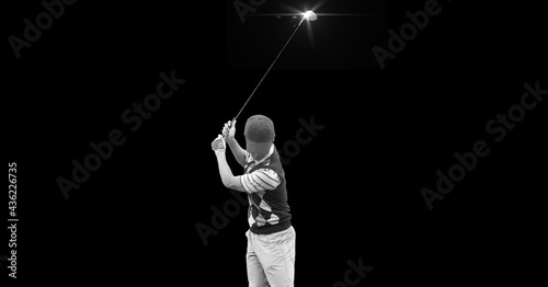 Composition of male golf player with golf club and copy space in black and white