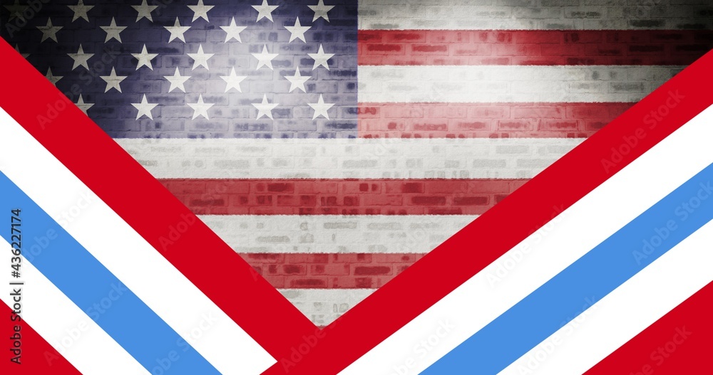 Naklejka premium Composition of stripes over american flag on brick wall surface