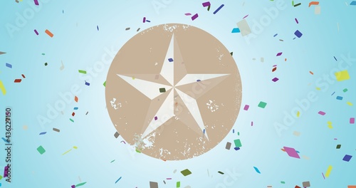 Composition of star symbol on circle with confetti on blue background