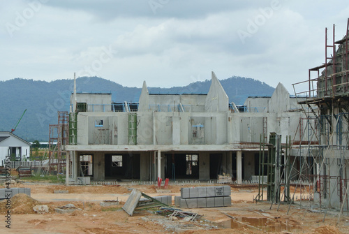 SEREMBAN, MALAYSIA -APRIL 16, 2020: New double story luxury terrace house under construction in Malaysia.  Designed by an architect with a modern and contemporary style. 