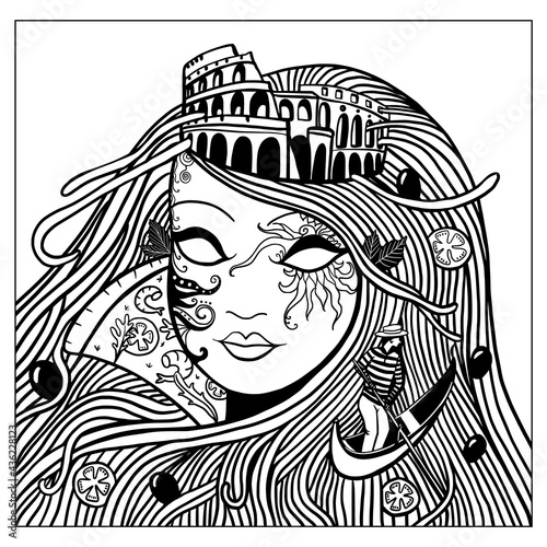 Vector portrait of Italy with national food and landmarks 