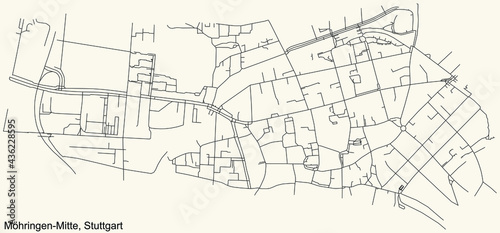 Black simple detailed street roads map on vintage beige background of the quarter Möhringen-Mitte of district Möhringen of Stuttgart, Germany