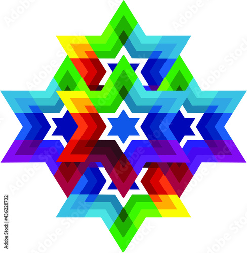 Traditional  Jewish star Magendavid - Star of David. Vector illustration. Colorfur patterned geometric background.